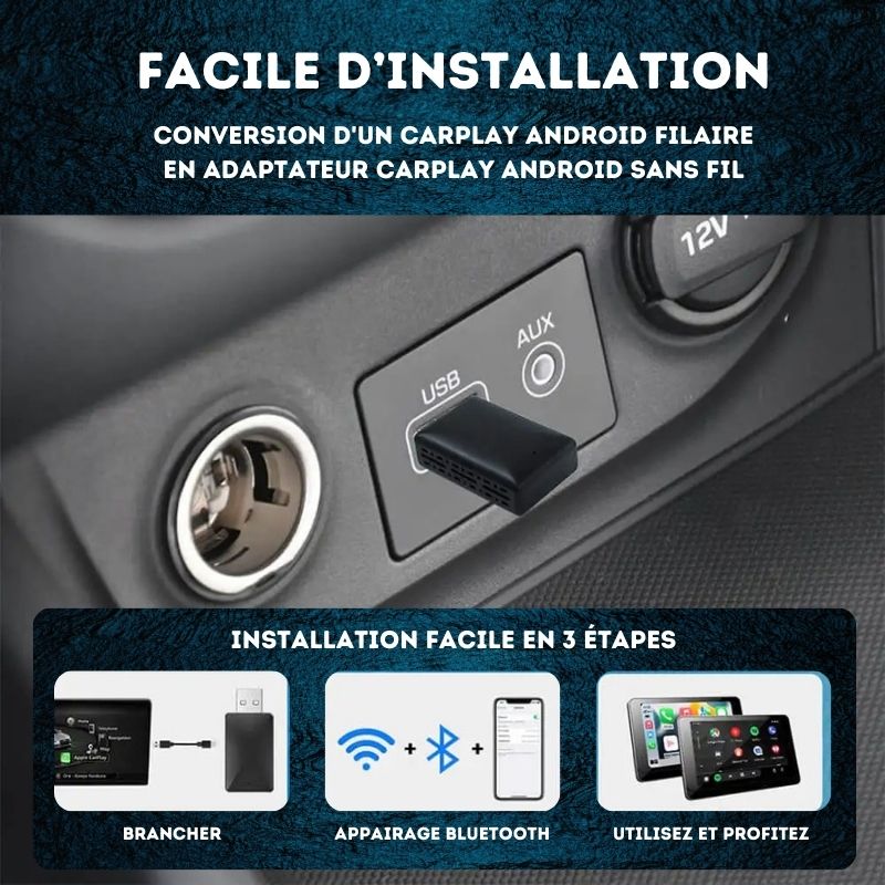 Convertissez rapidement votre CarPlay ou Android Auto filaire en sans fil. Branchez, connectez en Bluetooth et profitez en 3 étapes simples.