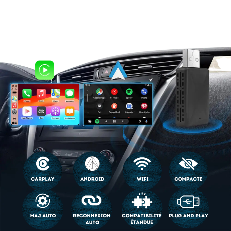 Compatible CarPlay et Android Auto, avec WiFi et mise à jour automatique. Compact et plug-and-play pour un maximum de simplicité et d’efficacité.