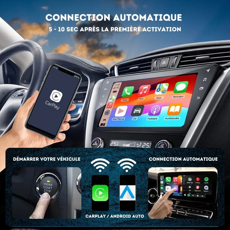 Connectez votre smartphone à CarPlay ou Android Auto en seulement 5 secondes. Une installation rapide et efficace qui révolutionne votre expérience en voiture.