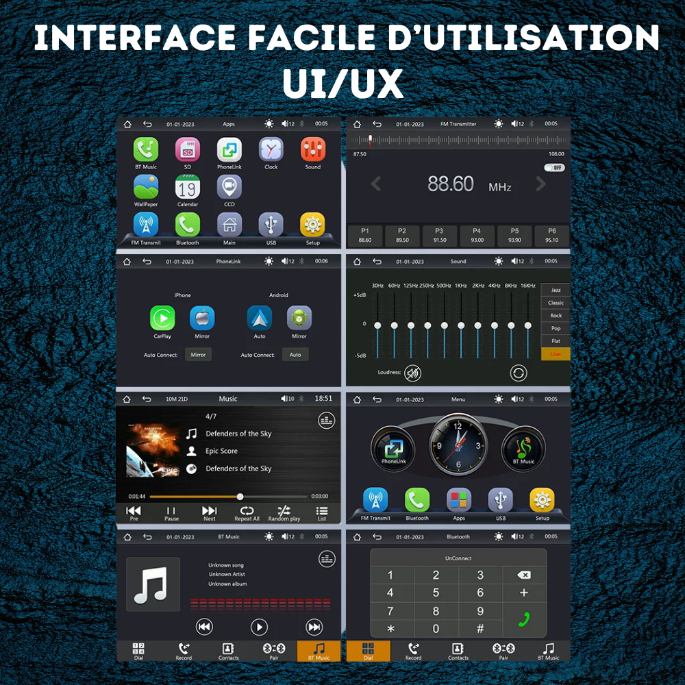 Bénéficiez d'une interface utilisateur ergonomique et intuitive. Accédez rapidement à toutes vos fonctionnalités : musique, navigation, appels et paramètres audio.