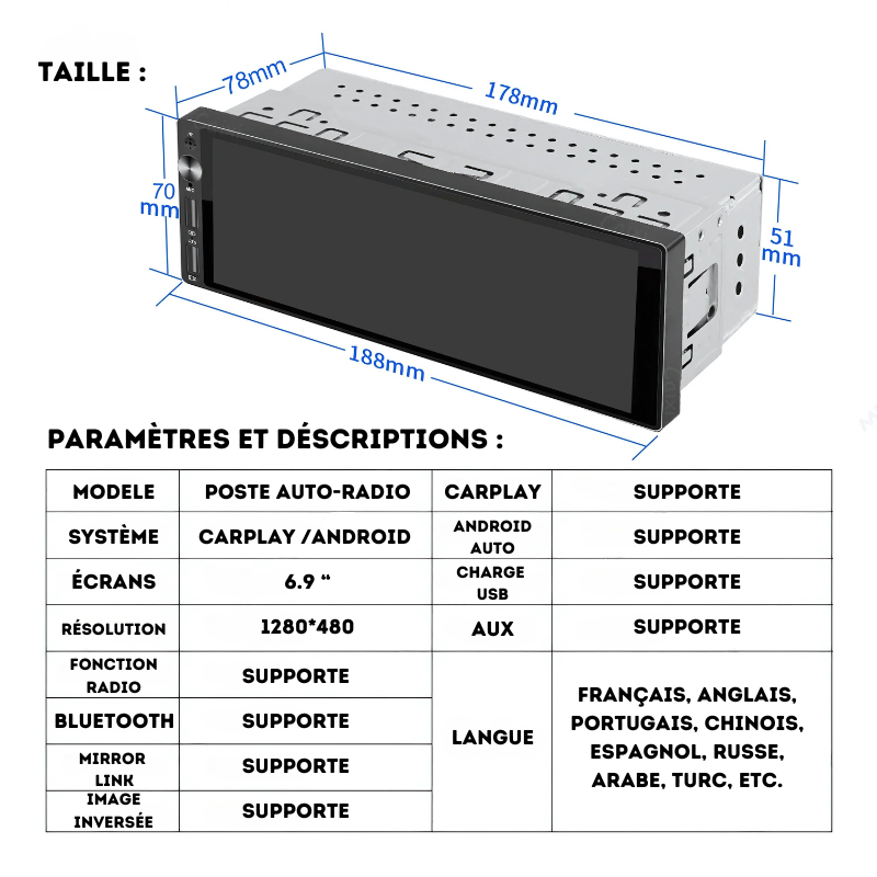 Poste autoradio encastrable de 7 pouces, résolution HD 1280x480, compatible CarPlay et Android Auto. Installation facile avec fonctions Bluetooth, AUX, et Mirror Link.